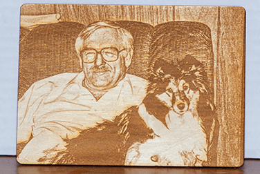 Wood photo engraving of Richard Cullen with Smootch the Manx cat